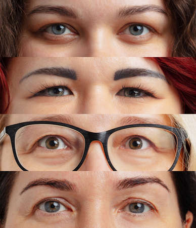Set of close-up women eyes. Anti-aged cosmetology, well-kept skin, medicine and health. Natural beautyの写真素材