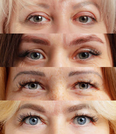 Set of close-up women eyes. Anti-aged cosmetology, well-kept skin, medicine and health. Natural beautyの写真素材