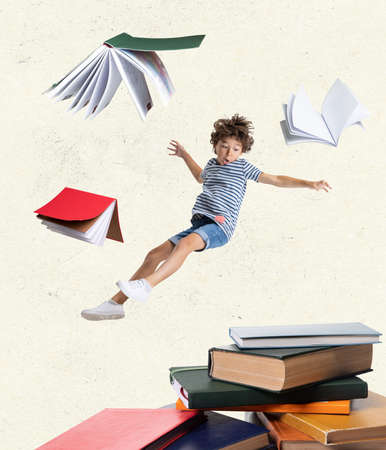 Creative contemporary art collage of little boy, child falling into books isolated over light...