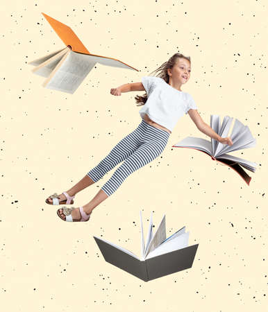 Contemporary art collage of little girl, child flying, levitating among open books isolated over yellow backgroundの写真素材