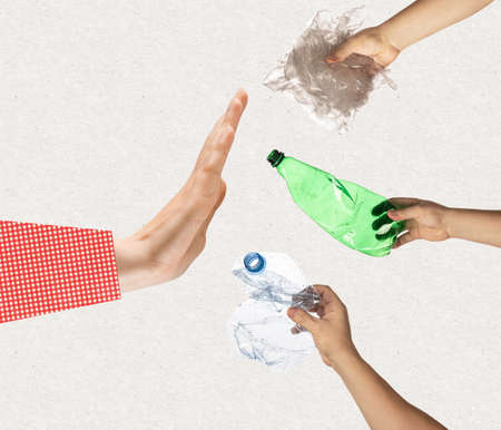 Stop plastic - concept of environmental pollution. Contemporary art collage, modern design.