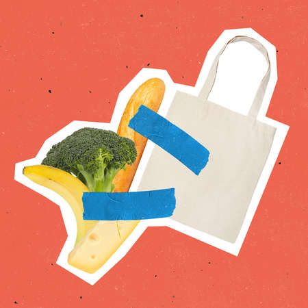 Modern design, contemporary art collage. Inspiration, idea, trendy urban magazine style. Food and shopping bag glued with finger tapeの写真素材