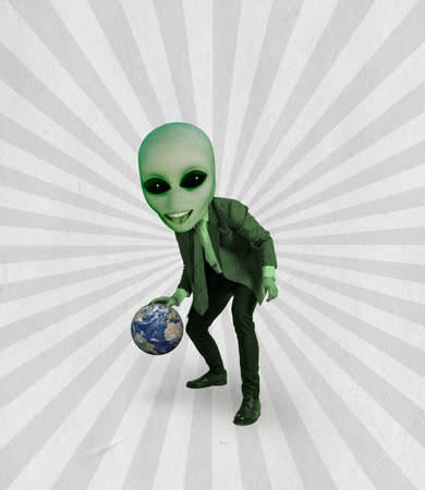 Cute smiling green alien with human body playing basketball. Contemporary art collage.