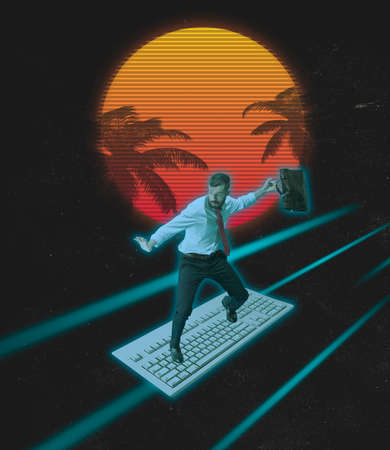 Contemporary art collage. Businessman skating on computer keyboard isolated over dark tropical...