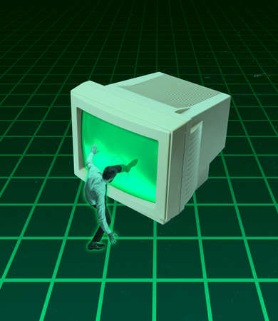 Creative artwork. Contemprary art collage of man getting in retro computer sreen isolated over green background in neonの写真素材
