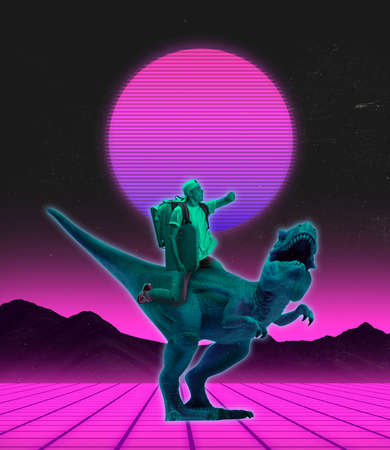 Creative retro design. Contemporary art collage of young man riding on dinosaur isolated over black and pink background in neonの写真素材