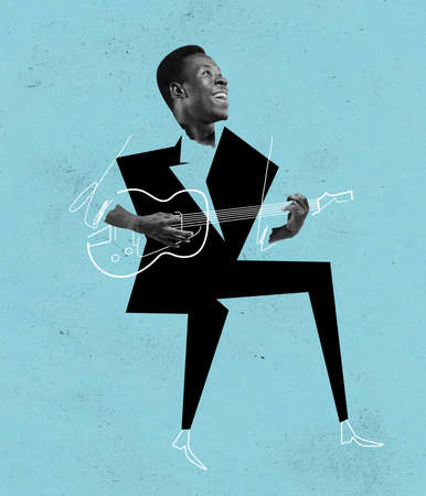 Creative design. Contemporary art collage of young cheerful man playing drawn guitar isolated over blue backgroundの写真素材