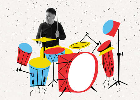 Contemporary art collage of young man playing colorful drawn drums isolated over white backgroundの写真素材