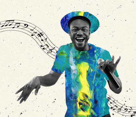Contemporary art collage. Modern design. Young cheerful african man singing isolated over white...