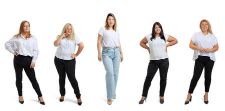 Set of full-length portraits of plus-size women wearing white t-shirt and jeans posing isolated on white studio background. Body positive conceptの写真素材