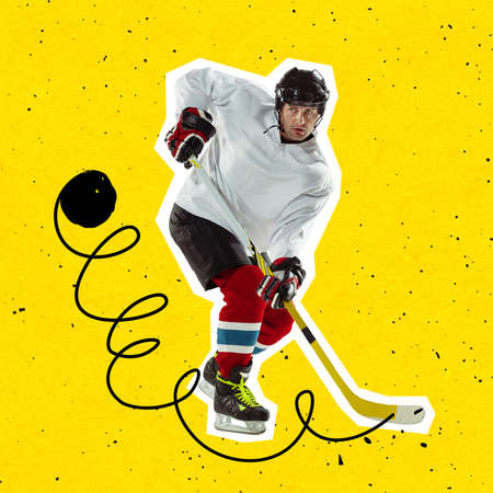 Contemporary art collage. Modern design. Man, professional hockey player in protective uniform...
