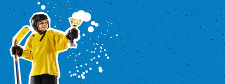 Contemporary art collage. Child, hockey player celebrating winning game isolated over blue...