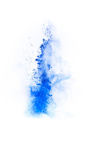 Explosion of blue, navy color, fluid and neoned powder on white studio background with copy spaceの写真素材