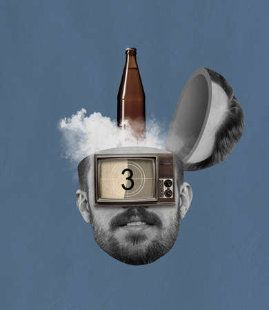 Modern design, contemporary art collage. Inspiration, idea, trendy urban magazine style. Surrealism. Male head with retro tv set instead eyesの写真素材
