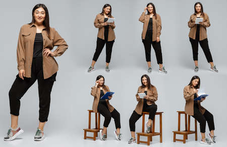 Set of images of young woman in casual style wear on grey background. Body positive, equality, feminism conceptの写真素材