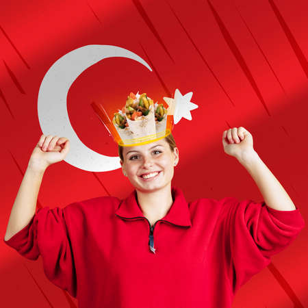 Emotive young girl with turkish food in her head, dreams isolated on turkish flag background. Contamporary art collageの写真素材