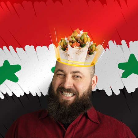 Smiling bearded man with delicious doner donair kebab in his head, dreams isolated on flag background. Contamporary art collageの写真素材