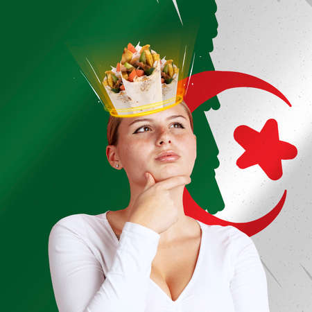 Beautiful young girl with delicious doner donair kebab in her head, dreams isolated on Algeria flag background. Contamporary art collageの写真素材