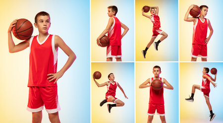 Development of movements. Collage made of images of little boy, basketball player with ball in motion, action isolated on blue-yellow background.の写真素材