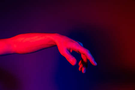 Studio shot of aethentic human hands isolated on purple studio background in neon light. Concept of human relation, community, togethernessの写真素材