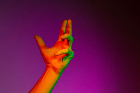 Studio shot of aethentic human hands isolated on purple studio background in neon light. Concept of human relation, community, togethernessの写真素材