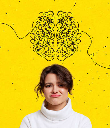 Contemporary art collage, modern design. Inspiration, ideas, trendy magazine style. Upset young girl...
