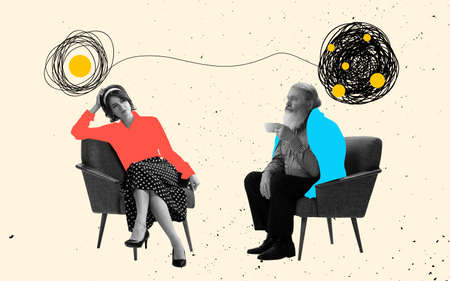 Sad offended young girl talking with old man, father on light background. Contemporary artwork....