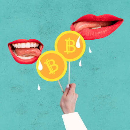 Crypto currency. Modern design, contemporary art collage. Inspiration, idea, trendy urban magazine style. Human hand, female mouthes and bitcoinの写真素材