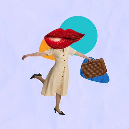 Contemporary art collage. Inspiration, idea, trendy urban magazine style. Young girl in vintage style dress headed with red female lips on light backgroundの写真素材