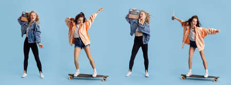 Collage with two stylish retro girls wearing 90s fashion style, outfit isolated over blue studio background. Concept of eras comparison, beauty, fashion and youth.の写真素材