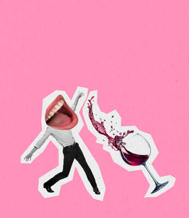 Excited young man with open female mouth instead head drinking wine. Contemporary art collage. Concept of festival, holidaysの写真素材