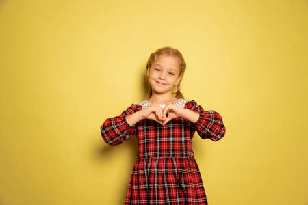 Half-length portrait of cute little girl, pupil wearing plaid dress showing heart shape isolated on...