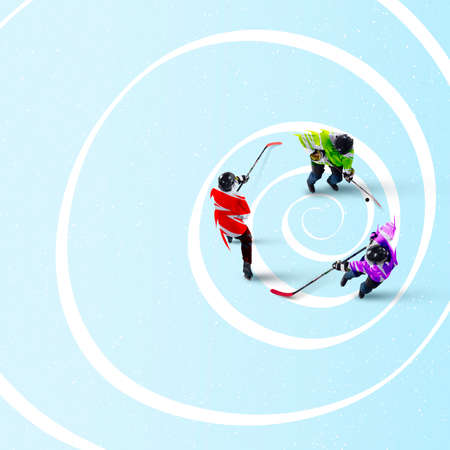 Contemporary art collage of little children, hockey players in uniform isolated over light background. Winter sportsの写真素材
