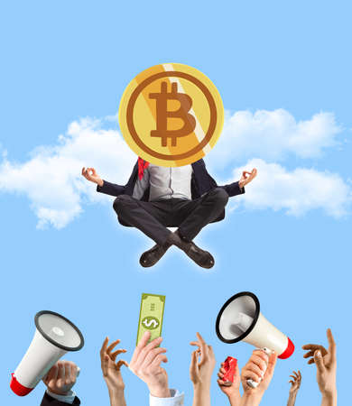 Businessman, stockbroker sitting in lotus position with coin with bitcoin sign instead head on sky background. Contemporary art collageの写真素材