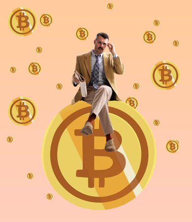 Serious young businessman, employee, stockbroker sitting on huge coin with bitcoin sign on pastel color background. Contemporary art collageの写真素材