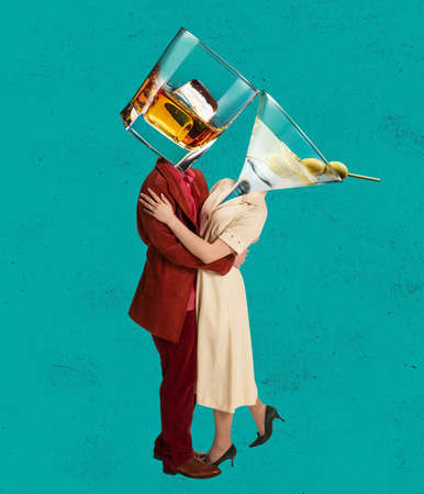 Contemporary art collage of dancing man and woman in retro styled clothes headed by martini and whiskey glases. Concept of art, music, fashion, party, creativityの写真素材