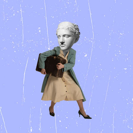 Contemporary collage with woman wearing vintage style attire with plaster head of ancient statue isolated on light background. Comparison of erasの写真素材