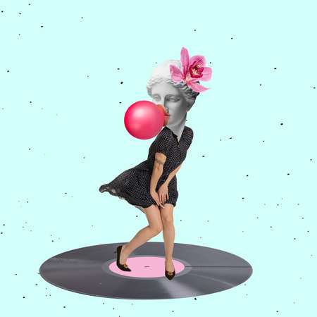 Modern, contemporary collage with girl wearing retro style outfit with plaster head of ancient statue isolated on light background. Comparison of erasの写真素材