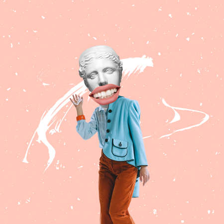 Modern, contemporary collage with girl wearing retro style outfit with plaster head of ancient statue isolated on light background. Comparison of erasの写真素材