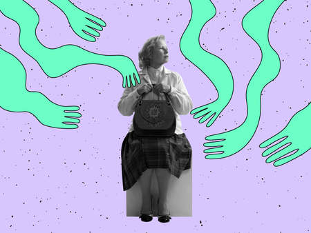 Sad middle-age woman sitting among giant drawn green creeping arms. Contemporary art collage. Concept of manipulation or addictionの写真素材