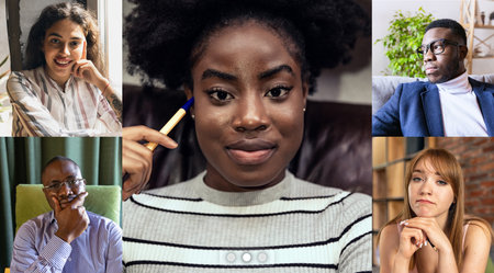 Multiethnic students, people at online lesson, class via group video call, people share ideas brainstorming use video conference. Collageの写真素材