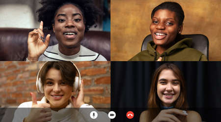 Team working by group video call share ideas brainstorming use video conference. Easy and comfortable usage concept, business, onlineの写真素材