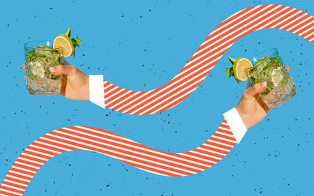 Drawn female hands with glasses with cocktail mojito with lemon isolated on light blue neon background. Contemporary art collageの写真素材