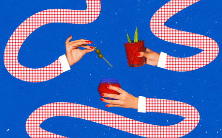 Contemporary art design. Female drawn hands holding glasses with cocktail bloody mary isolated on bright blue neon background.の写真素材