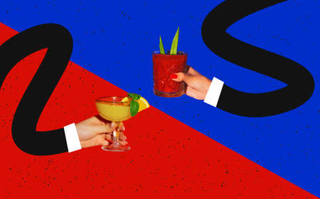 Contemporary art collage with female hands in drawn black shirt with cocktail glasses clincking isolated on red and blue neon background.の写真素材