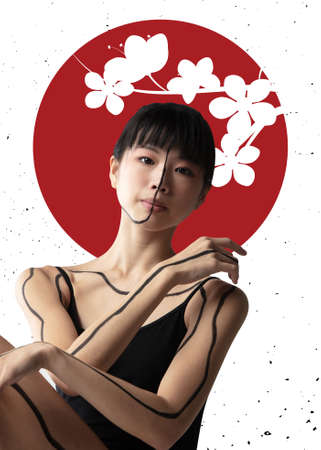 Art collage with tender, sad young japanese girl isolated on absract white red background. Japanese style, contemporary artwork,の写真素材