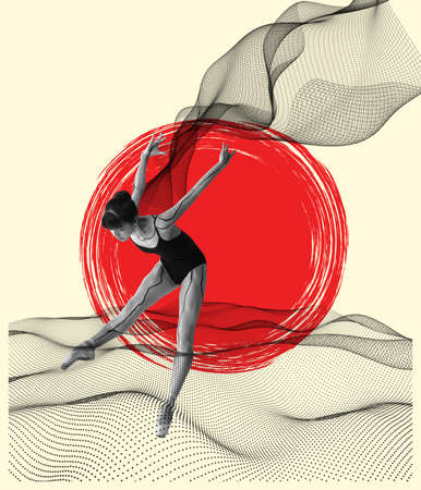 Portrait of young adorable Japanese ballerina dancing with transparent fabric, black cobweb isolated on white red background. Collageの写真素材