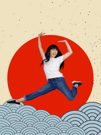 Art collage with emotive cheerful young japanese girl isolated on absract colorful background. Japanese style, contemporary artwork,の写真素材