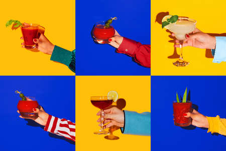 Collage made of images with female hands holding glasses with different alcoholic drinks and cocktails on bright colors background. Vintage, retso styleの写真素材