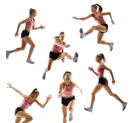 Mosaic of movements. Collage made of images of professional female athlete in sports uniform isolated on white studio background.の写真素材